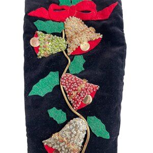 Vintage Handmade Christmas Black Velvet Stocking With Beaded Bell Design & Holly